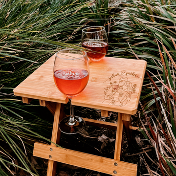 Engraved Portable & Foldable Bamboo Travel Picnic Table Plus Couple Wine Glasses, Corporate/ Housewarming Gift, Wedding Bridesmaid Favour