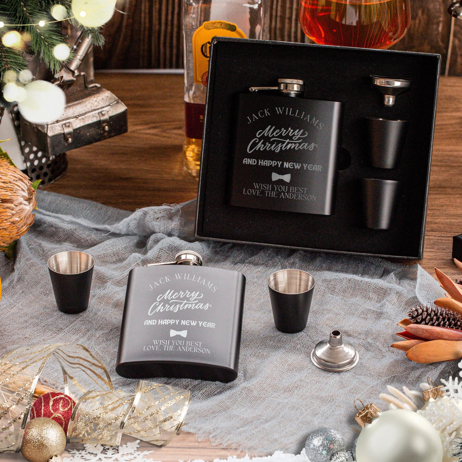 Christmas Personalised 170ml Hip Flask, Funnel & Shot Glasses - FREE Gift Boxed