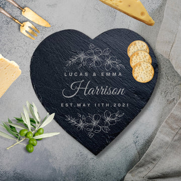 Personalised Heart Slate Serving Cheese Board, Custom Engraved Charcuterie Platter Placemat, Wedding Housewarming Gift for Mom Nanny Grandma