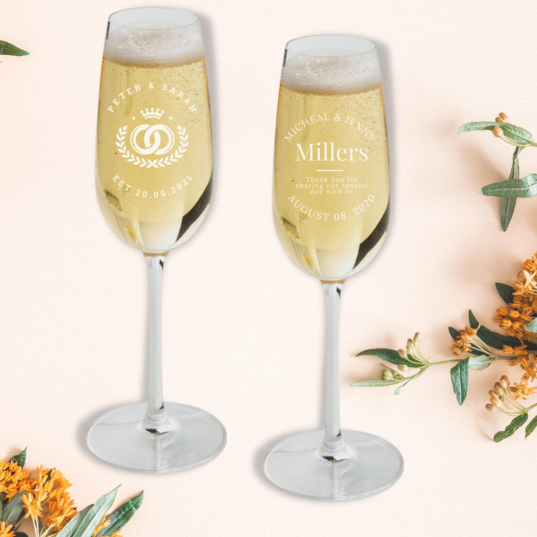 Personalised 220ml Champagne Glasses, Custom Engraved Monogram Wine Glass, Corporate/ Housewarming Gift, Wedding Favour, Bridesmaid Shower