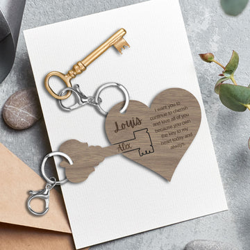 Personalised Couple 2pcs Heart Lock Wooden Keychain, Custom Valentine's Key Ring, Engraved Drive Safe Name Tags, Anniversary Wedding Favours