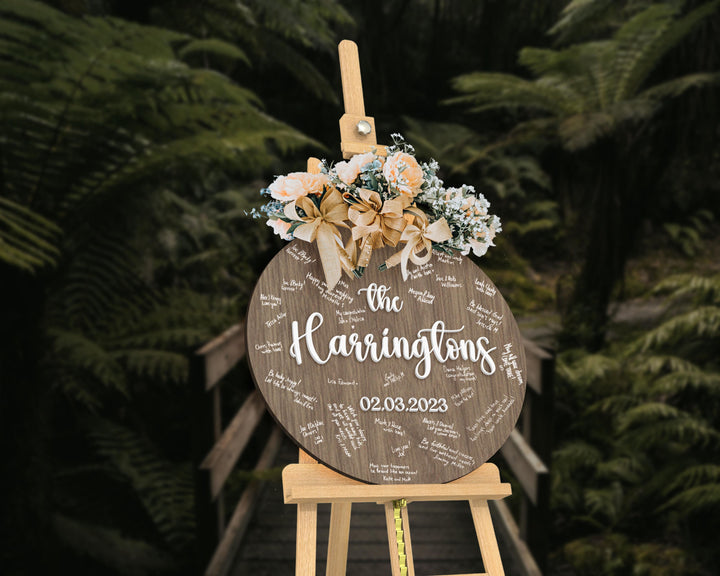 Custom Round Circle 3D Raised Name Timber Wedding Alternative Guest Book Welcome Sign, Personalised Rustic/ Vintage/  Boho, Country Hippie style Wooden Names, Ceremony/ Event/ Engagement/ Bridal Shower/ Birthday Signage on Easel
