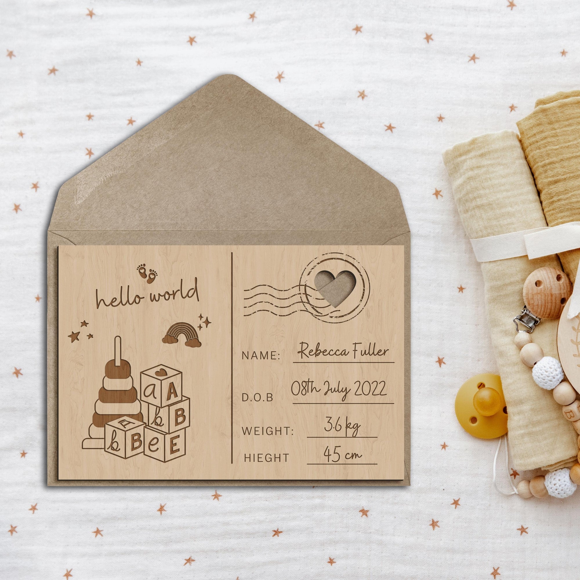 Personalised Wooden Birth Announcement Postcard, Engraved Name, Message Introducing New Baby Arrival &amp; Display Stand, Newborn Keepsake Gift