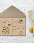 Personalised Wooden Birth Announcement Postcard, Engraved Name, Message Introducing New Baby Arrival & Display Stand, Newborn Keepsake Gift