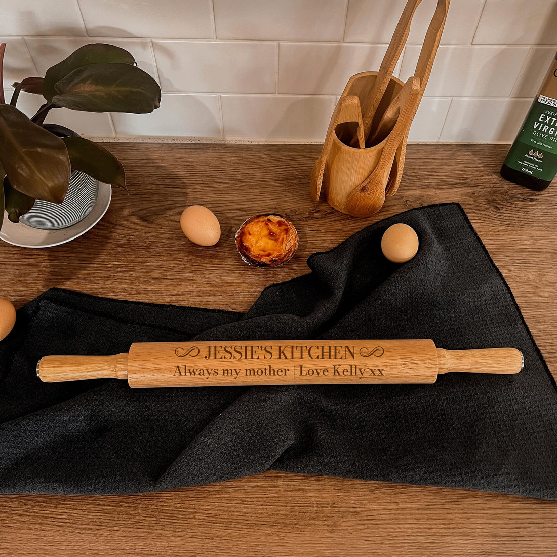 Personalised Wooden Rolling Pin, Custom Laser Engraved Timber Dough Roller, Cake Baking Utensil, Birthday Mothers Day Gift for Grandma Nanny
