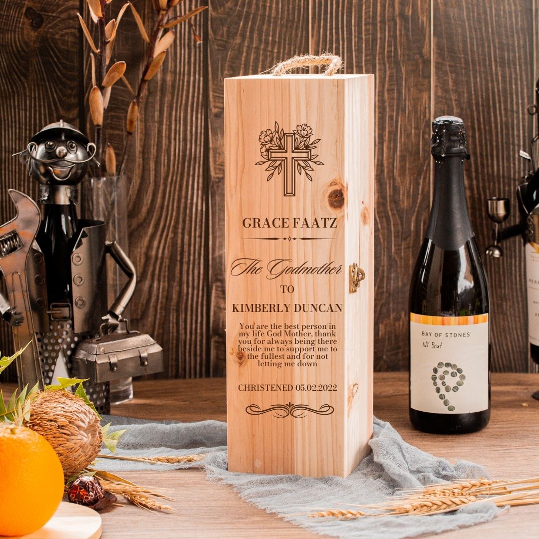 Personalised Rustic Pine Wooded Wine Box Gift, Engraved Custom Housewarming/ Birthday Champagne Present Box, Wedding Bridesmaid/ Groomsman, Thank You God Parents Favour, Mother's, Father's Day