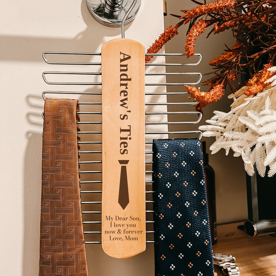 Personalised Wooden Tie & Belt Hanger,  Custom Laser Engraved Wardrobe Organiser, Gift for Dad/ Teacher/ Grandpa/ Him Groomsman Father's Day