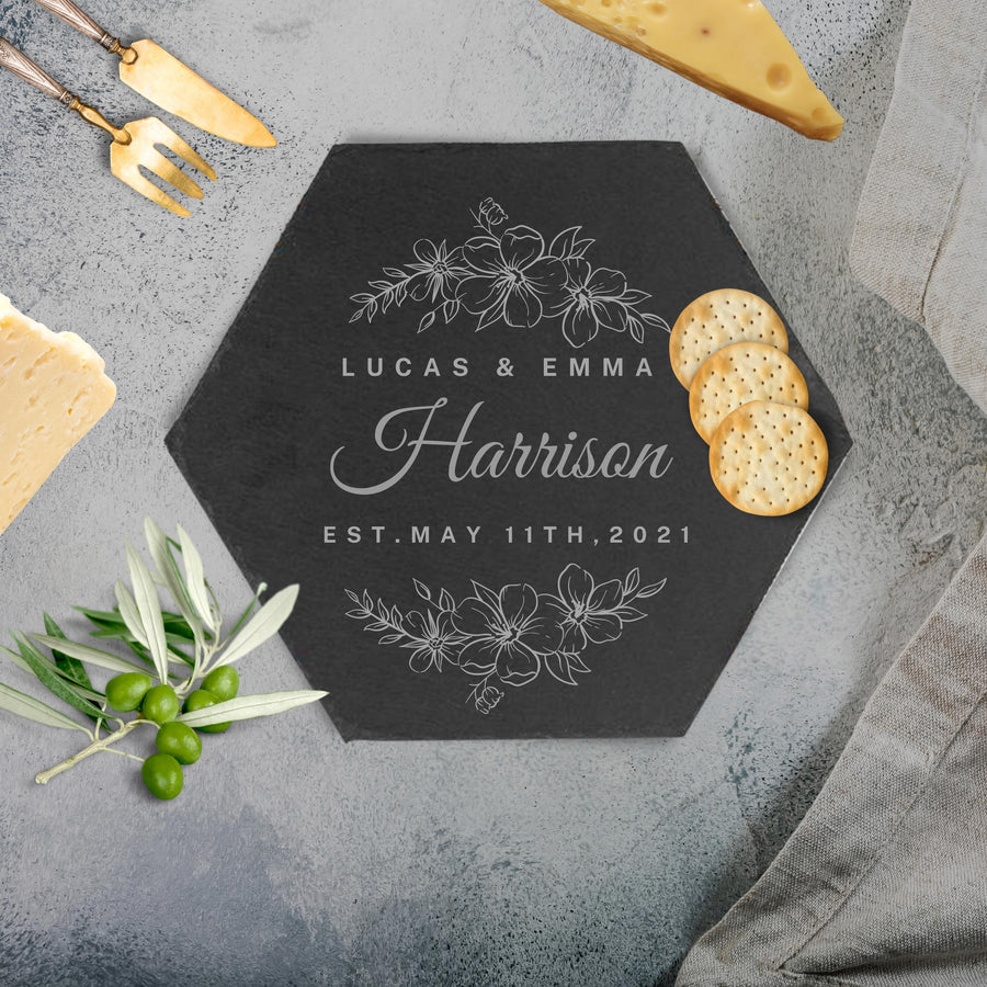 Personalised Hexagon Slate Serving Cheese Board, Custom Engraved Charcuterie Platter, Wedding, Anniversary, Corporate, Housewarming Gift