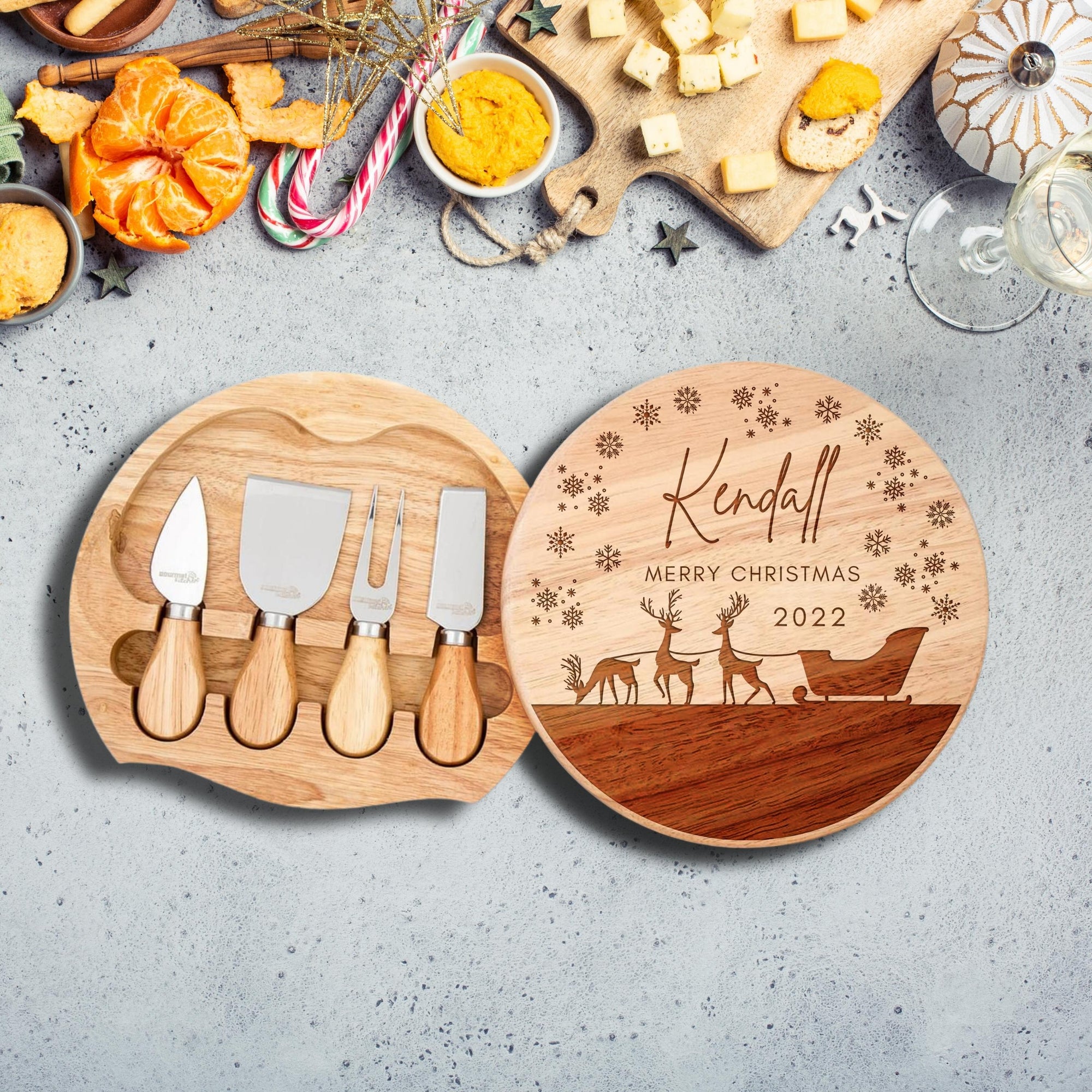 Christmas Personalised Round Wooden Cheese Board &amp; Knife Travel Set, Engraved Custom Noel/ Santa Charcuterie Platter, Xmas/ New Year Corporate Holiday Gift