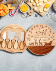 Christmas Personalised Round Wooden Cheese Board & Knife Travel Set, Engraved Custom Noel/ Santa Charcuterie Platter, Xmas/ New Year Corporate Holiday Gift