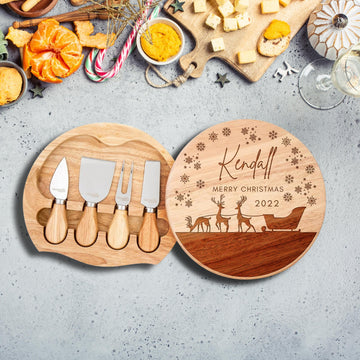 Christmas Personalised Round Wooden Cheese Board & Knife Travel Set, Engraved Custom Noel/ Santa Charcuterie Platter, Xmas/ New Year Corporate Holiday Gift