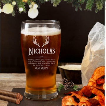 Personalised Christmas 500ml Pilsner Beer Glass, Laser Custom Engraved Noel Mug Tank, Xmas Favours, New Year/ Anniversary Corporate/ Housewarming Present