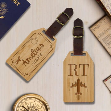 Personalised Wooden Luggage Tag, Custom Wood Travel/ Adventure Bag Strap, Logo Engraved Leather Tags, Gift For Traveller, Her & Him, Dad/ Corporate, Wedding Favours