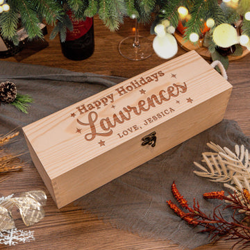 Christmas Personalised Pine Wooded Wine Box Gift, Engraved Custom Housewarming/ Birthday Champagne, Wedding Bridesmaid/ Groomsman Favour, Xmas/ New Year Mother, Father Present Box