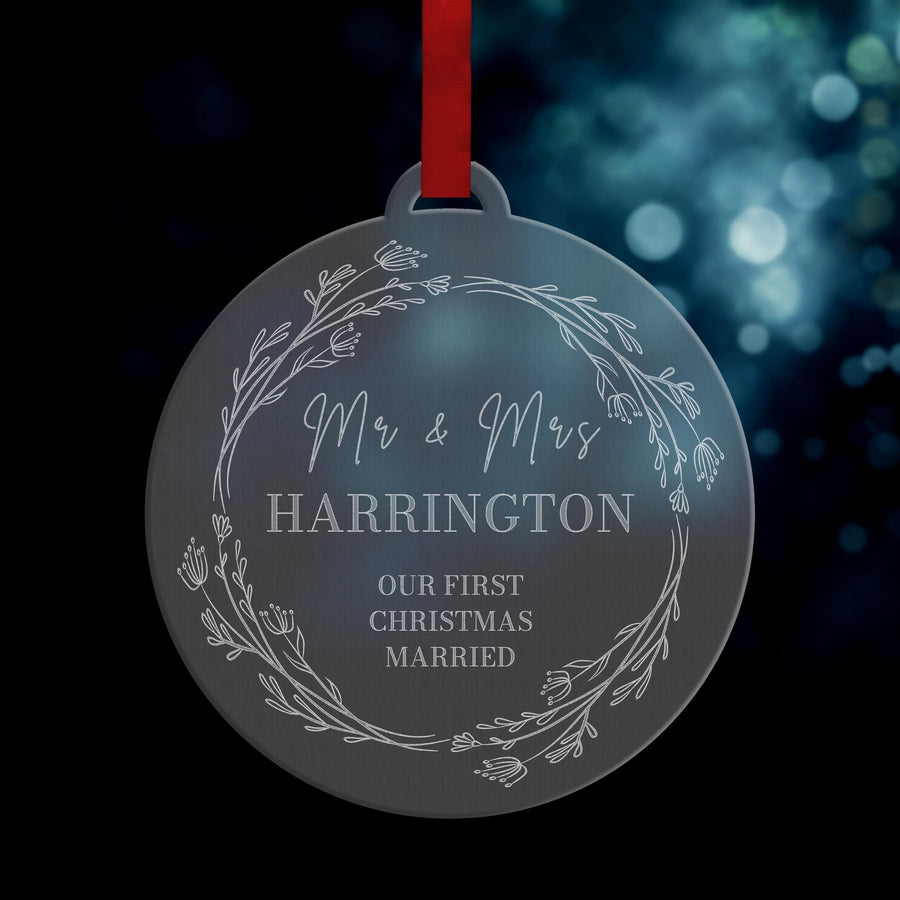 Personalised Mr & Mrs Our First Christmas Married/ Engaged Baubles, Engraved Custom Name Clear/ Frosted Acrylic Hanging Tree Xmas New Year Ornament, Decoration Gift Tags