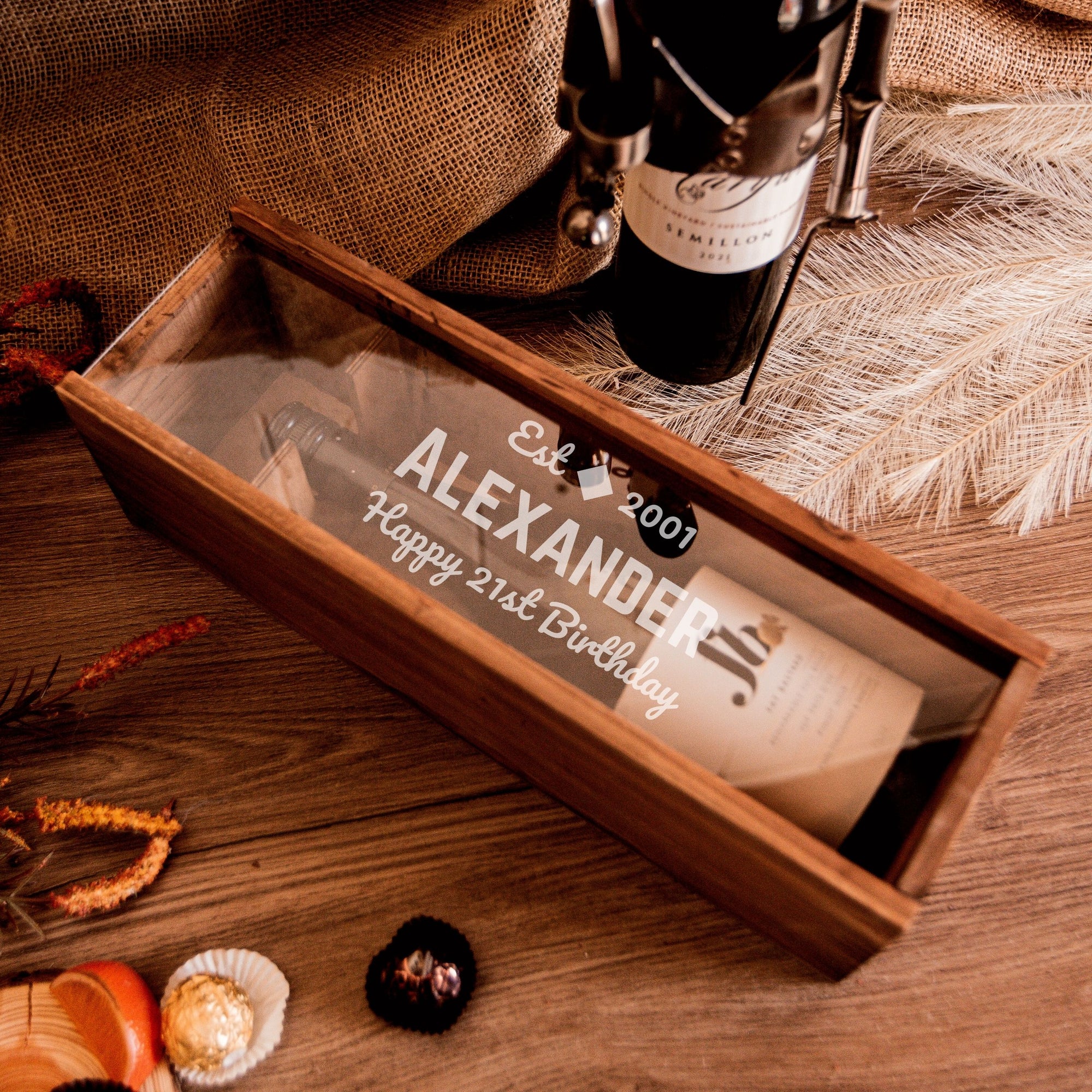 Personalised Clear Acrylic Lid &amp; Rustic Vintage Wooden Wine Box Gift, Engraved Custom Housewarming/ Birthday, Mom-Dad, Teacher, Godparents, Wedding Favour