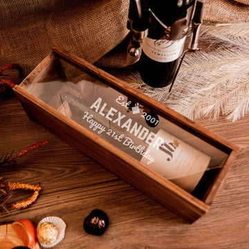 Personalised Clear Acrylic Lid & Rustic Vintage Wooden Wine Box Gift, Engraved Custom Housewarming/ Birthday, Mom-Dad, Teacher, Godparents, Wedding Favour