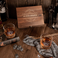 Custom Engraved Whiskey Wooden Box - 2 Sleek Round Scotch Glasses & 6 Rock Ice Stones, Personalised Barware Set, Wedding Groomsman, Dad Gift