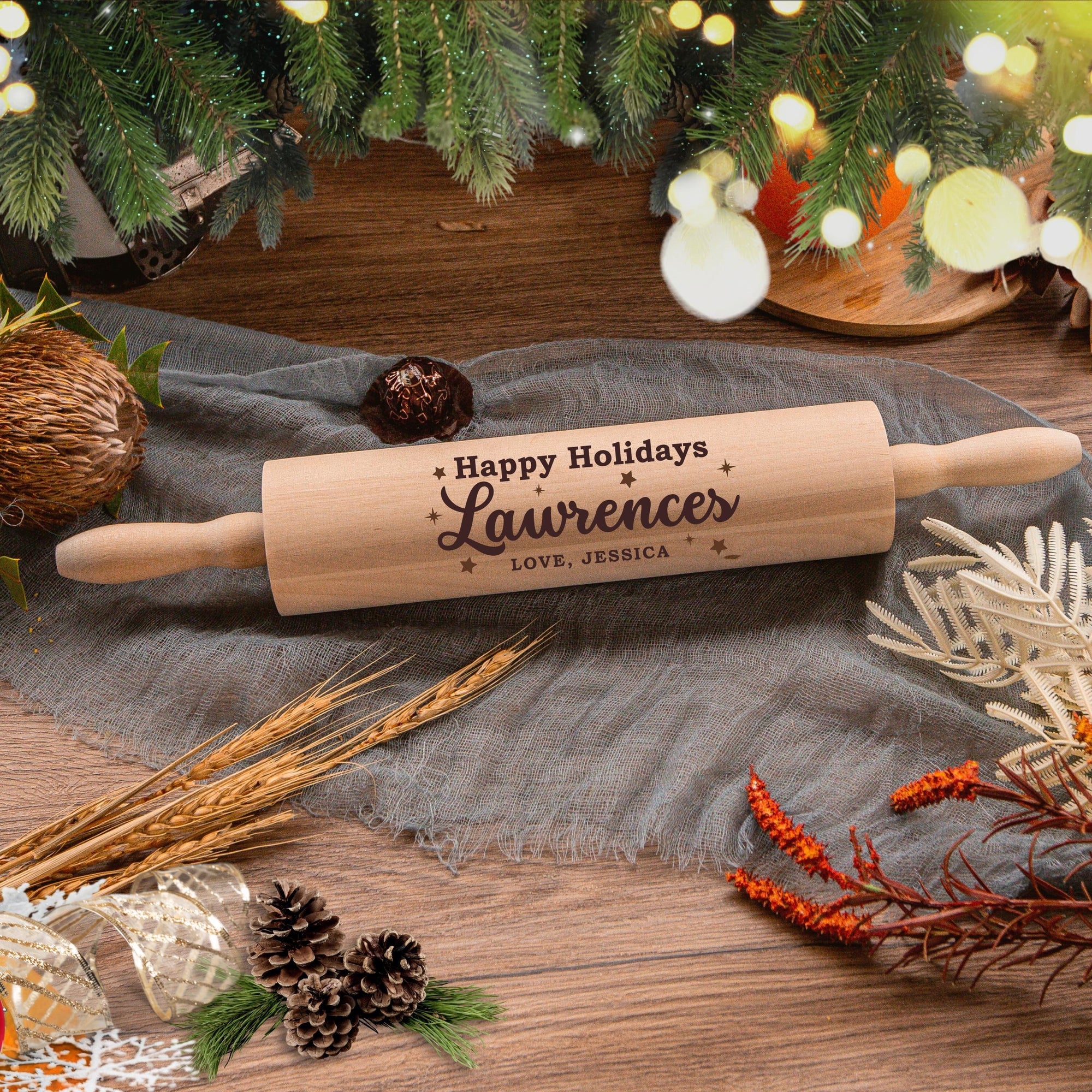 Christmas Personalised Wooden Rolling Pin, Custom  Engraved Timber Dough Roller, Cake Baking Utensil, Xmas/ New Year Birthday Corporate Gift