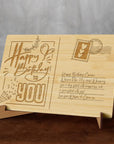 Personalised Wooden Happy Birthday Postcard, Custom Engraved Timber Celebrate Message Name Post Card Display Stand Wood Carved Keepsake Gift