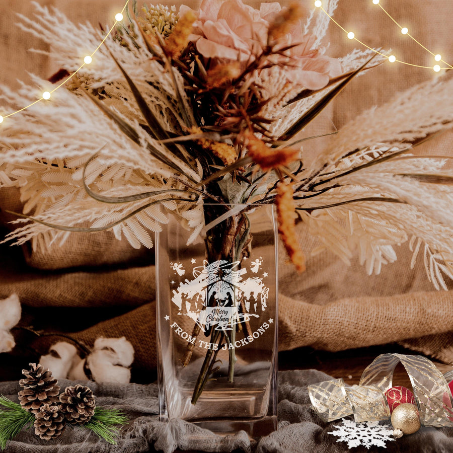 Personalised Square Merry Christmas/ New Year Glass Vase, Custom Engraved Memorial Housewarming Gift, Anniversary, Corporate, Xmas Present