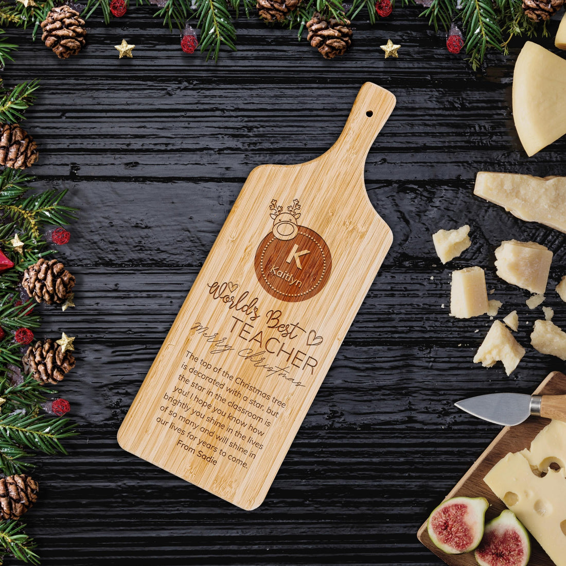 Christmas Personalised Bamboo Wooden Serving Cheese Handle Tray Cutting Board, Engraved Charcuterie Platter Custom Housewarming Xmas, New Year Gift