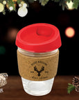 Christmas Personalised Cork Band Reusable Glass Coffee Cup, Xmas New Year Custom Engraved Mug/ Tumbler, Corporate, Birthday/ Teacher Gift