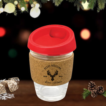 Christmas Personalised Cork Band Reusable Glass Coffee Cup, Xmas New Year Custom Engraved Mug/ Tumbler, Corporate, Birthday/ Teacher Gift