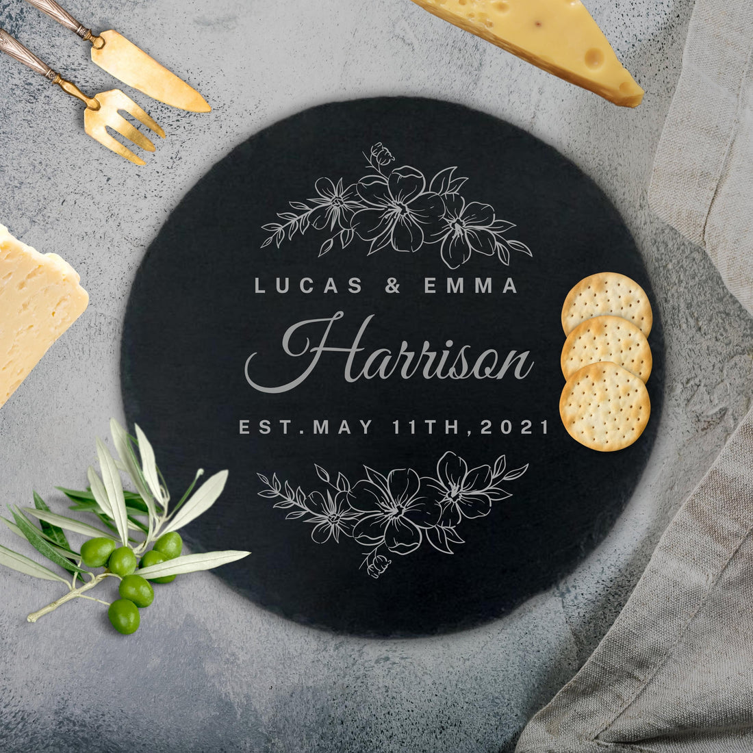 Personalised Round Slate Serving Cheese Board, Custom Engraved Charcuterie Platter, Wedding, Anniversary, Corporate, Housewarming Gift