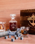 Engraved Whiskey Wooden Box - Square Decanter, 2 Scotch Glasses & 6 Ice Stones, Personalised Barware Set Groomsman Retirement Christmas Gift