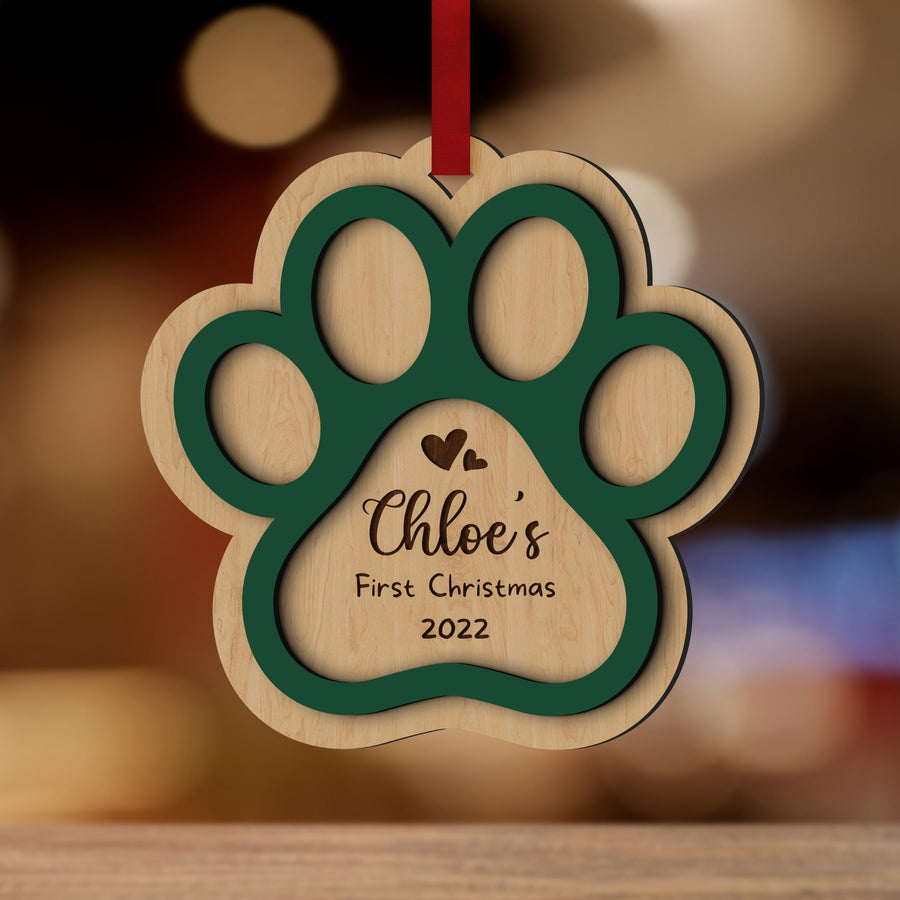 Personalised Double Layer Pet Paws Wooden Baubles, Engraved Custom Dog Name First Christmas Memorial Xmas Tree Ornament Decor Cat Lover Gift