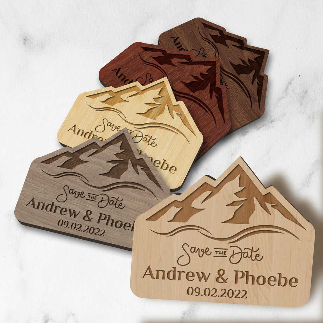 Engraved Wooden/ Acrylic Save The Date Adventure Mountain Fridge Magnets, Personalised Rustic Vintage Magnet Invitation Card, Custom Wedding Favours, Remember Date Announcement Guest Gift Tags