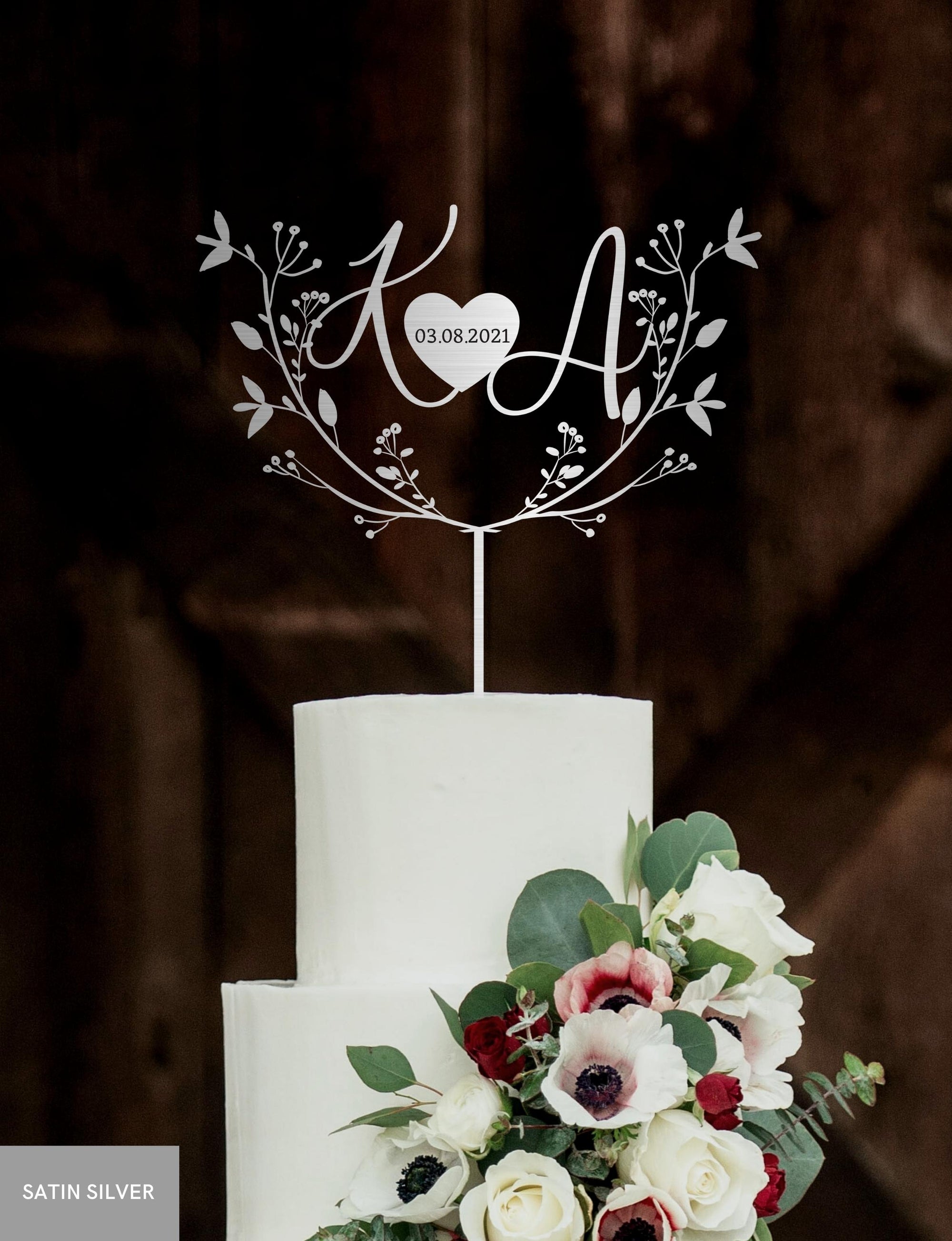 Personalised MDF/ Mirror Acrylic Wedding Cake Topper, Custom Join Name &amp; Engraved Date on Heart, Leaf Signage, Bridal &amp; Groom, Hens, Event Party Supply Decor