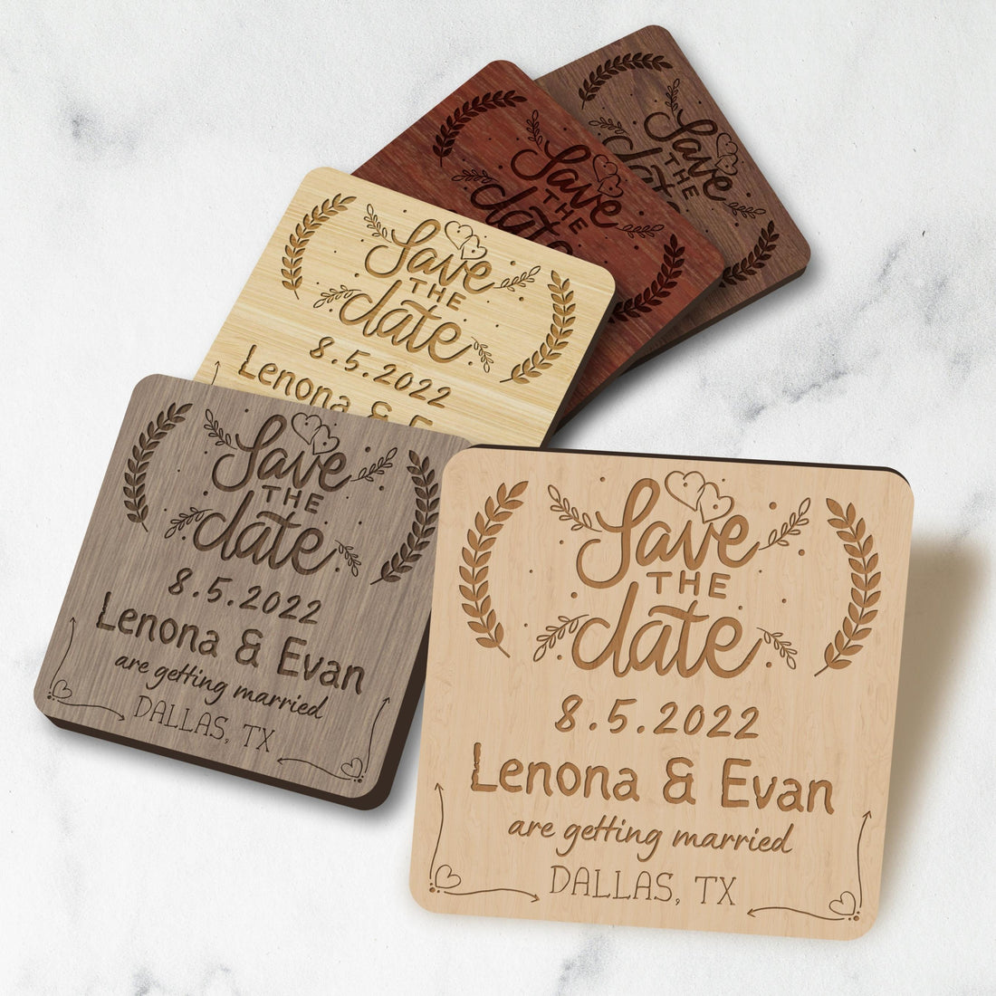 Engraved Wooden Save The Date Square Fridge Magnets, Personalised Rustic Wedding Invitation Card, Remember Date Announcement Guest Gift Tags
