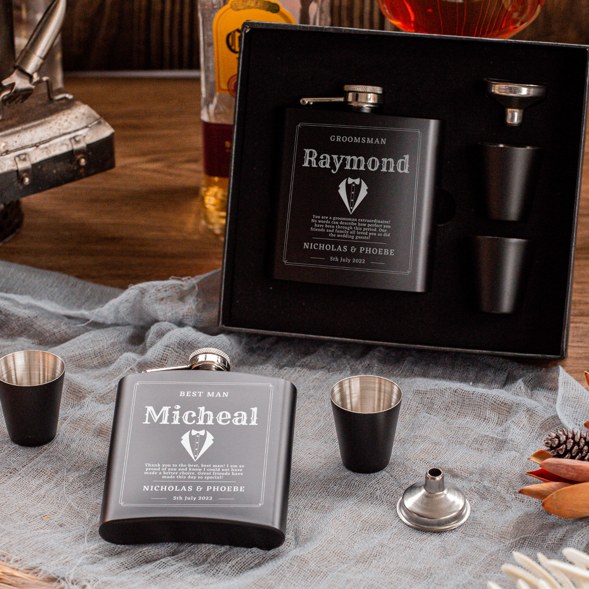 Personalised Engraved Stainless Steel 170ml 6oz Hip Flask, Funnel &amp; Shot Glasses - FREE Gift Boxed, Laser Etching Custom Logo Wedding/ Groomsman/ Godfather Favour