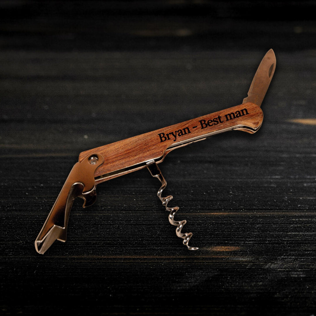 Personalised Engraved Wooden Wine Corkscrew, Bottle Opener, Custom Logo Knife/Foil Cutter, Corporate Gift, Wedding Favour, Groomsmen/ Father's Day Gift for Him, Christmas/ Teacher Present