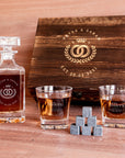 Engraved Whiskey Wooden Box - Square Decanter, 2 Scotch Glasses & 6 Ice Stones, Personalised Barware Set Groomsman Retirement Christmas Gift