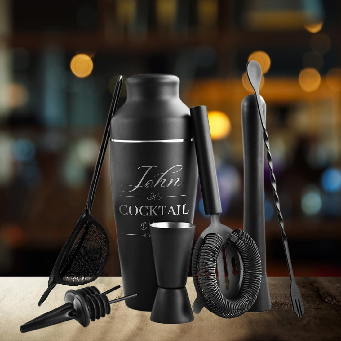 Engraved Stainless Steel Matte Black Cocktail Shaker Set of 9, Personalised Custom Monogram Barware, Drink Mixer Martini Boston Alcohol Shaker Bartender Drink Party Bar Tools, Gift for Dad/ Him