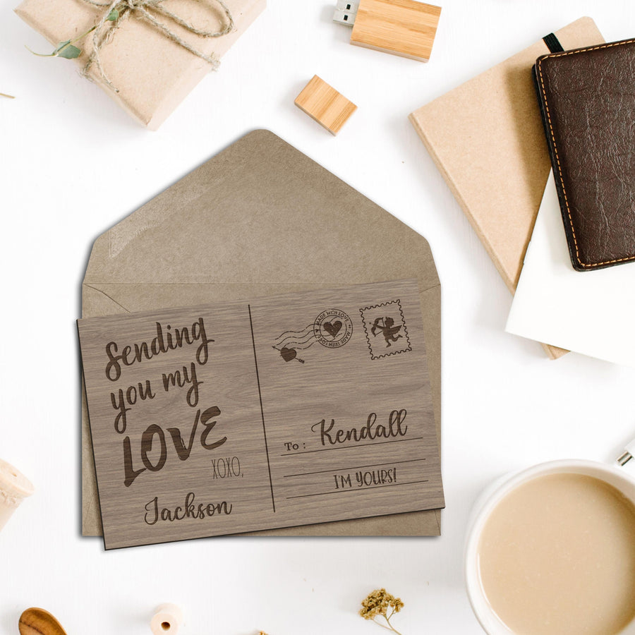 Personalised Wooden Valentine's Day, Anniversary Postcard, Custom Engraved Timber Love Message & Name Post Card with Display Stand, Wood Carved Keepsake Gift Card for Couple