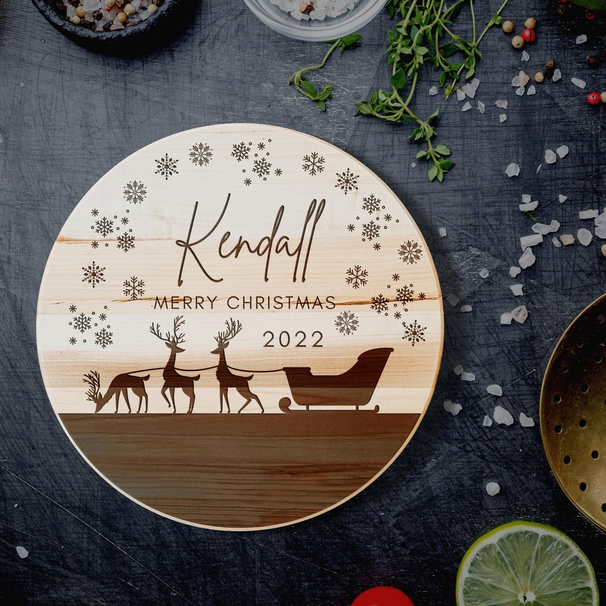 Christmas Custom Engraved Solid Wood Lazy Susan Tray, Cheese Charcuterie Serving Round Spin Board, Personalised Organiser Xmas New Year Housewarming Gift