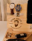 Personalised Oak Docking Station, Night Valet Stand, Wooden Phone & Watch Display, Headphone Holder, Custom Office Desk Charging Organiser, Gift for Him, Dad, Birthday, Housewarming