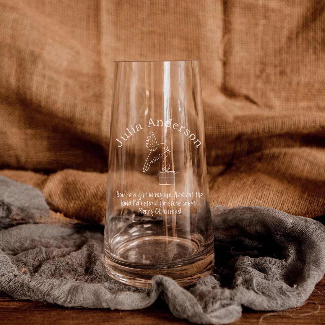 Christmas Engraved Tapered Glass Vase - 12D x22cmH