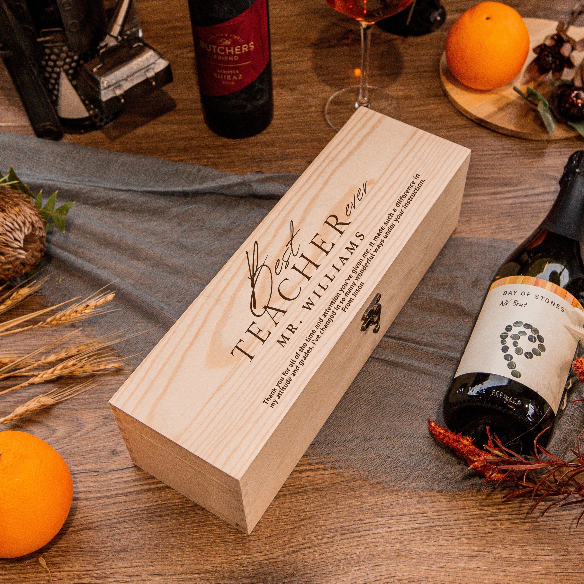 Personalised Pine Wooded Wine Box Gift, Engraved Custom Housewarming/ Birthday Champagne Present Box, Wedding Bridesmaid/ Groomsman, Thank You God Parents Favour, Mother's, Father's Day