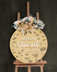 Custom Round Circle 3D Raised Name Timber Wedding Alternative Guest Book Welcome Sign, Personalised Rustic/ Vintage/  Boho, Country Hippie style Wooden Names, Ceremony/ Event/ Engagement/ Bridal Shower/ Birthday Signage on Easel