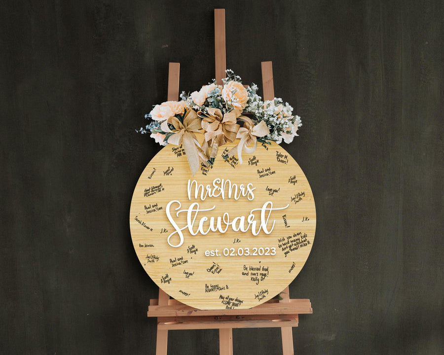 Custom Round Circle 3D Raised Name Timber Wedding Alternative Guest Book Welcome Sign, Personalised Rustic/ Vintage/  Boho, Country Hippie style Wooden Names, Ceremony/ Event/ Engagement/ Bridal Shower/ Birthday Signage on Easel