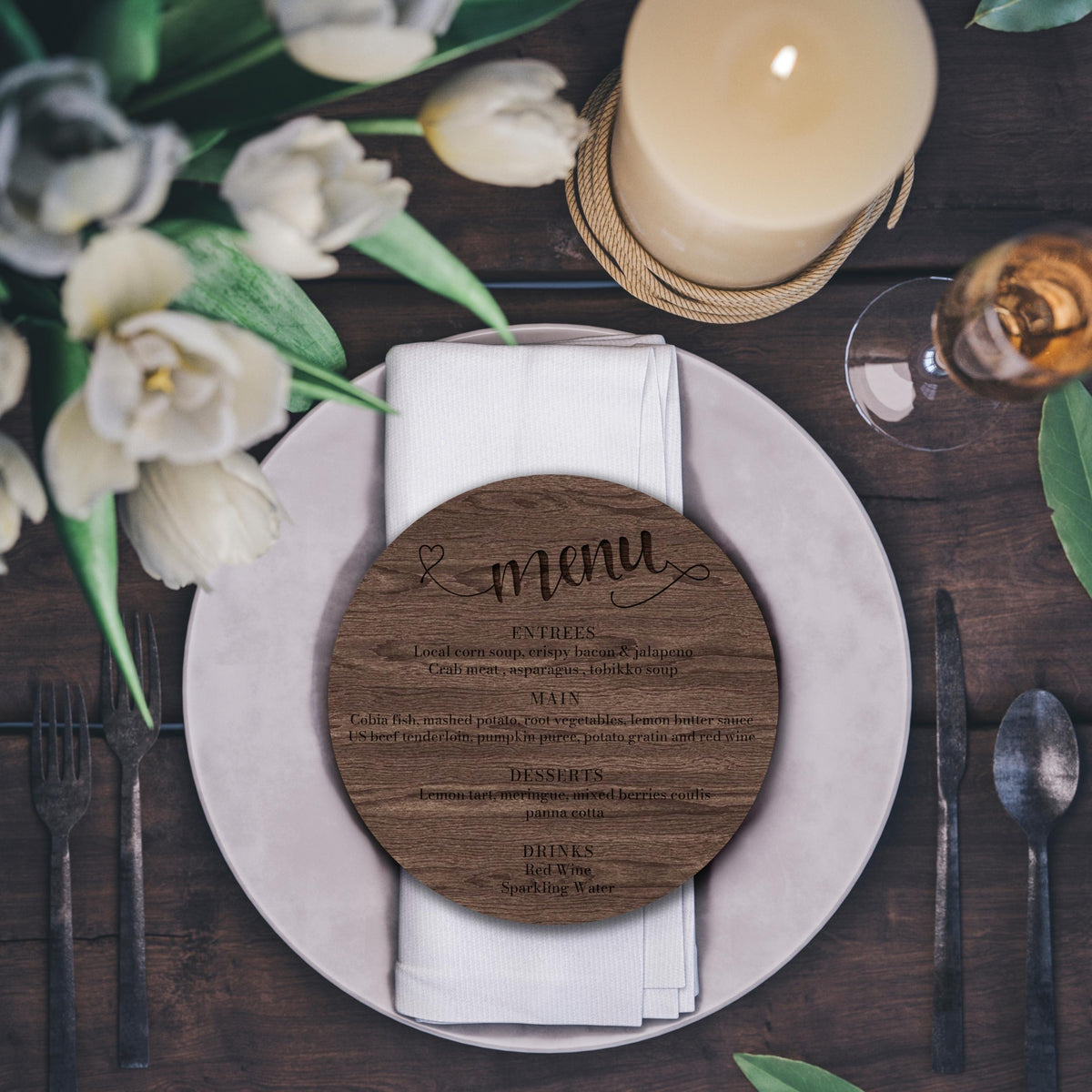 Engraved Table Setting Custom Engraved Wooden/ Acrylic Wedding Stationery Round Bar Table Menu ...