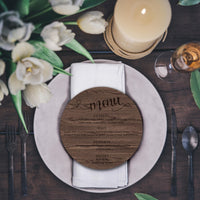 Custom Engraved Wooden/ Acrylic Wedding Stationery Round Bar Table Menu, Personalised Drink Plaque, Wedding, Engagement, Bridal Shower Decor