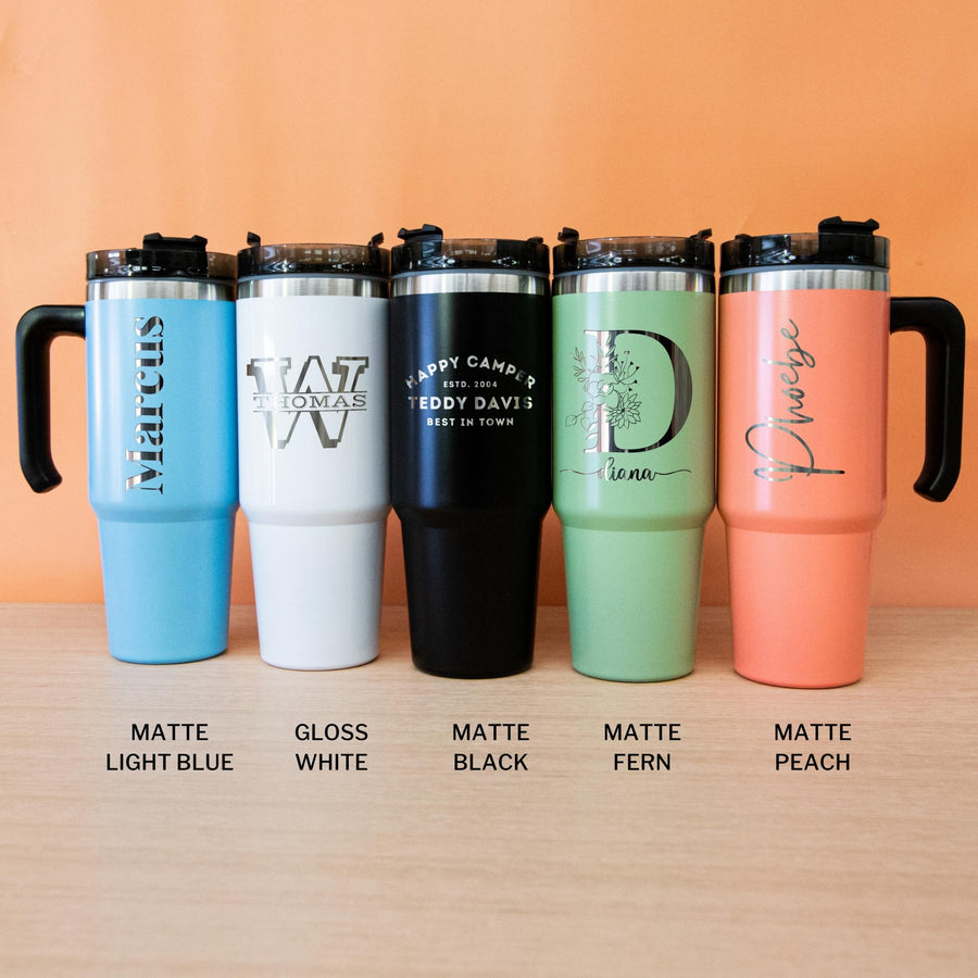 Personalised Engraved Stainless Steel Insulated Handle Tumbler & Straw Set, Laser Engraved Custom Logo Travel Thermal Drink Bottle, Coffee Cup, Corporate Birthday Gift