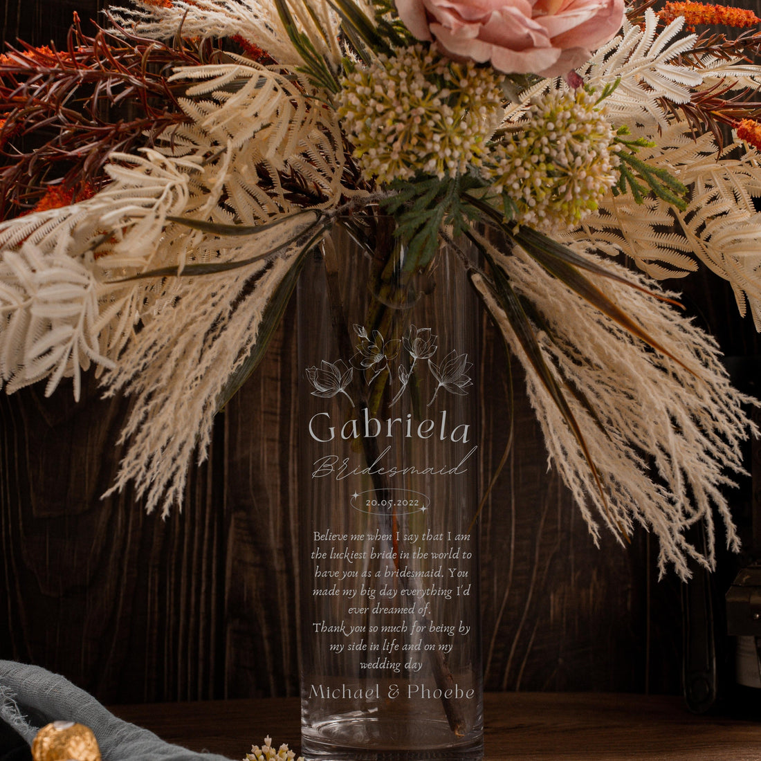 Personalised Cylinder Glass Vase, Custom Engraved Memorial Wedding Gift for Bridesmaid, Mother of Bride/ Groom, Housewarming, Anniversary