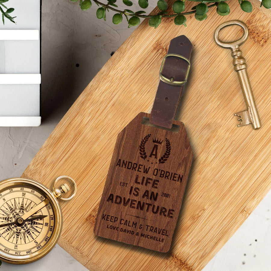 Personalised Wooden Luggage Tag, Custom Wood Travel/ Adventure Bag Strap, Logo Engraved Leather Tags, Gift For Traveller, Her & Him, Dad/ Corporate, Wedding Favours